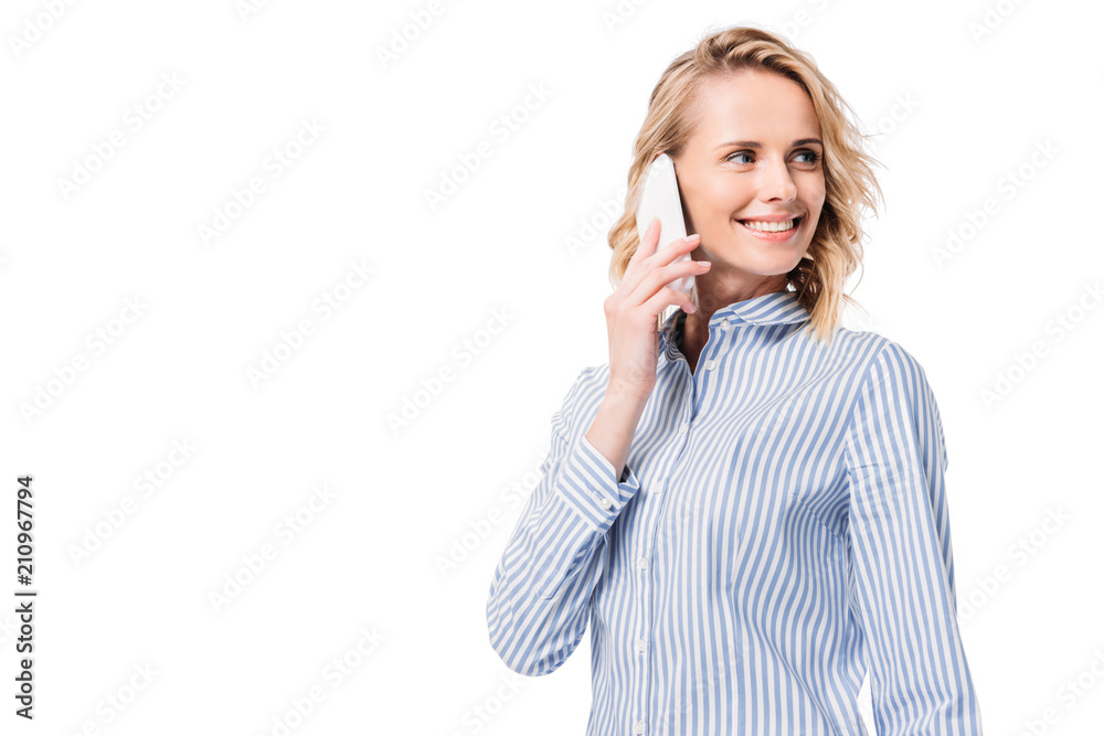 attractive woman talking by smartphone and looking away isolated on white attractive woman talking by smartphone and looking away isolated on white