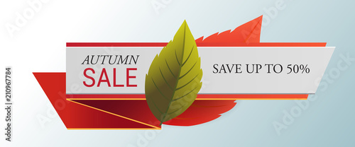 Autumn sale, save up to fifty percent lettering with leaves. Autumn offer or sale advertising design. Typed text, calligraphy. For leaflets, brochures, invitations, posters or banners.