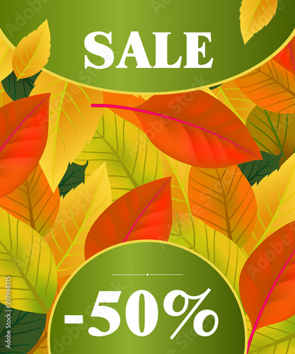 Sale fifty percent lettering. Modern inscription in circle frames in colorful leaf background. Illustration with lettering can be used for banner, posters and leaflets