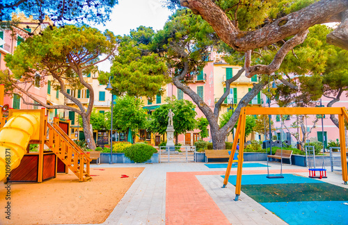 Cinque terre Monterosso al mare square near the waterfront, with children's playground in Liguria, Italy