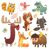 Cartoon woodland animals set. Vector illustrated. Squirrel, mouse, raccoon, boar, fox, buffalo, bear, moose, bird. Isolated. Design for children book, decoration, sticker, print, package, logo