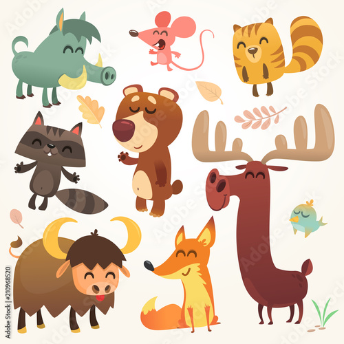 Cartoon forest animals set. Vector illustrated. Squirrel, mouse, raccoon, boar, fox, buffalo, bear, moose, bird. Isolated