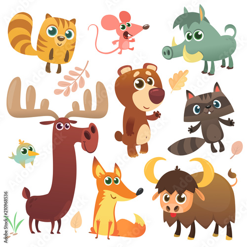 Cartoon woodland animals set. Vector illustrated. Squirrel, mouse, raccoon, boar, fox, buffalo, bear, moose, bird. Isolated. Design for children book, decoration, sticker, print, package, logo