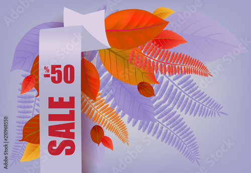 Sale, minus fifty percent lettering, orange and purple leaves. Seasonal offer or sale advertising design. Typed text, calligraphy. For leaflets, brochures, invitations, posters or banners.