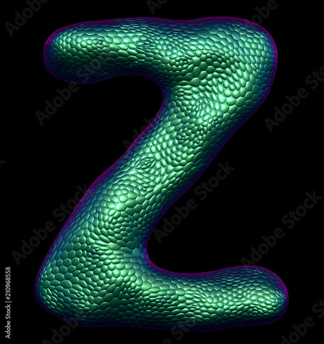Letter Z made of natural green snake skin texture isolated on black.