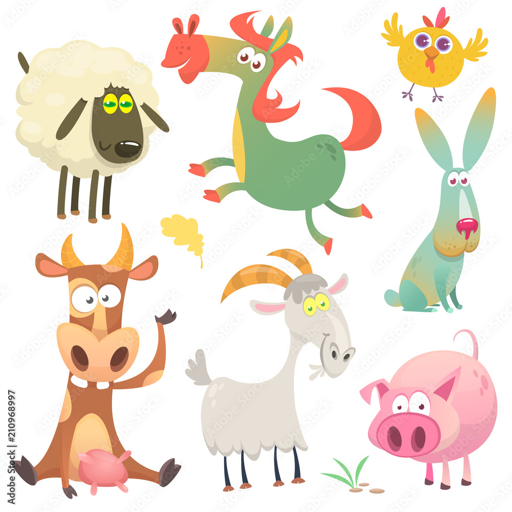 Happy cartoon animals. Farm animals.  Vector illustration of cow, horse, chicken, bunny rabbit, pig, goat and sheep