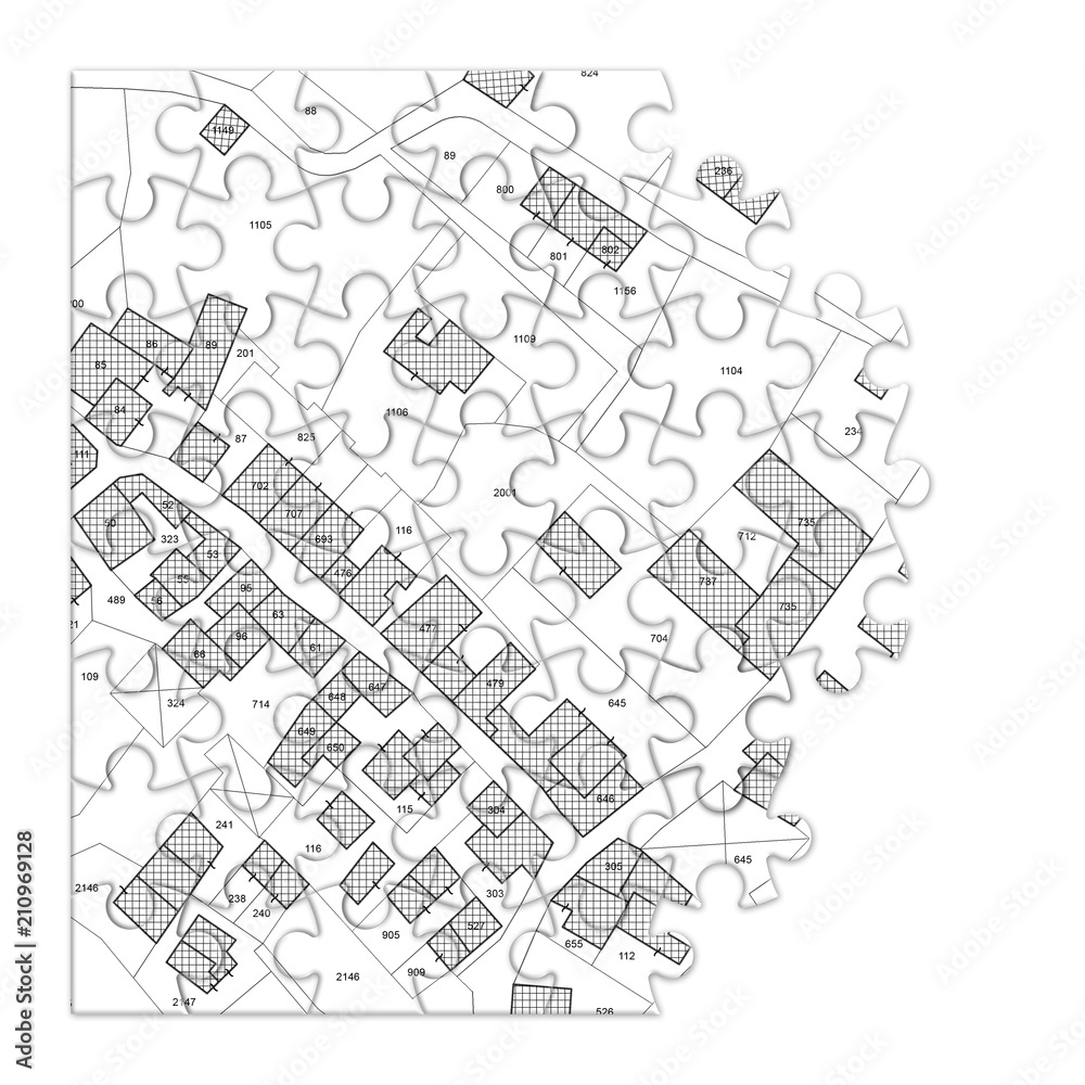 Imaginary cadastral map of territory with buildings and roads - concept image in jigsaw puzzle shape