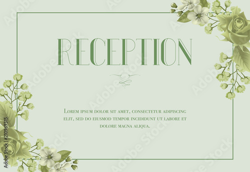 Reception card template with blossom, rose and lily of valley on light green background. Text in frame can be used for wedding invitations, postcards, save the date design