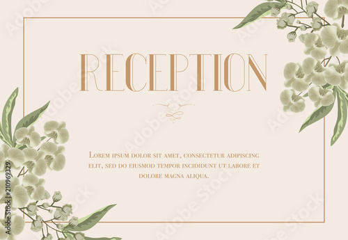 Reception card template with iris and lily of valley on beige background. Text in frame can be used for wedding invitations, postcards, save the date design