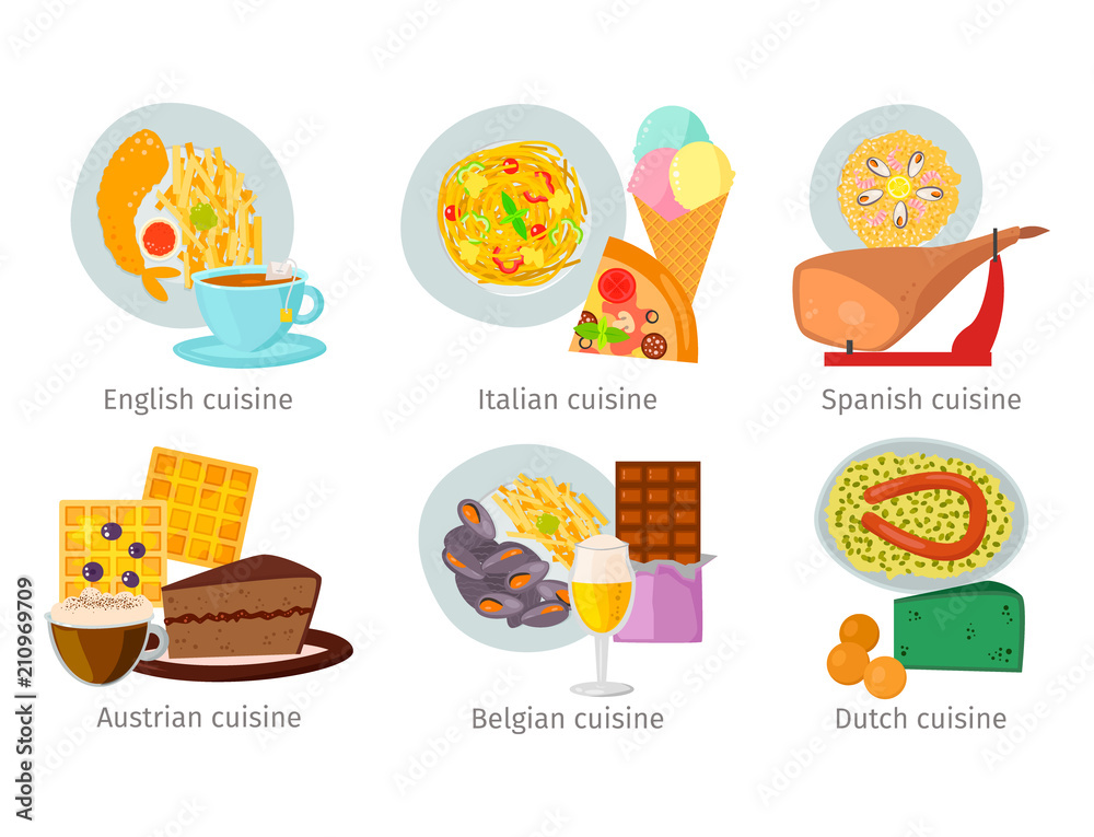 European vector food cuisine tasty dinner food showing delicious luxury Italy rome rustic snack plate flat illustration