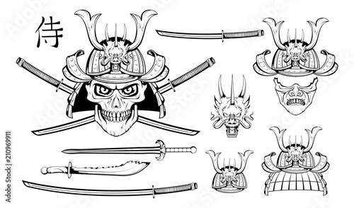 Set of different elements of samurai design - samurai mask, helmet, Japanese sword, katana sword, Chinese dragon and skull. Mask of a samurai warrior with a sword. Vector graphics to design.