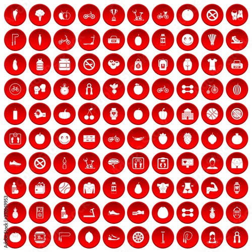 100 fitness icons set in red circle isolated on white vector illustration