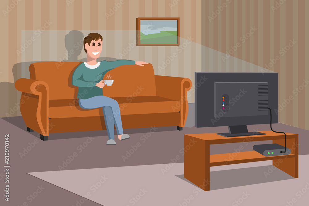 Big happy family watching TV on sofa. Man with coffee cup. Evening watching  television series. Interior of the room with TV and people sitting on the  couch. Vector graphics to design. Stock