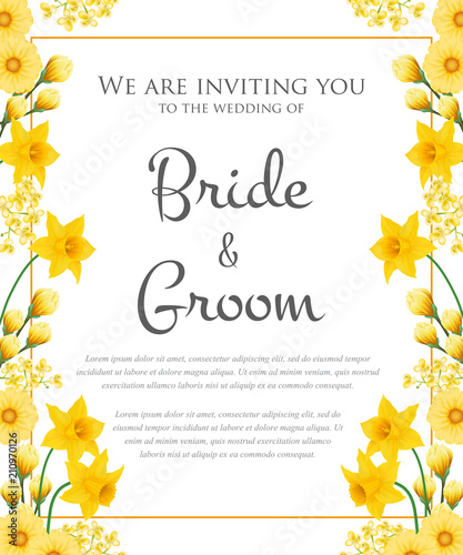Wedding invitation design with yellow flowers. Text in frame can be used for invitation cards, postcards, save the date templates
