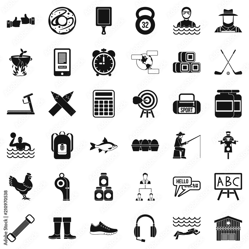 Sport accessories icons set. Simple style of 36 sport accessories vector icons for web isolated on white background Sport accessories icons set. Simple style of 36 sport accessories vector icons for web isolated on white background