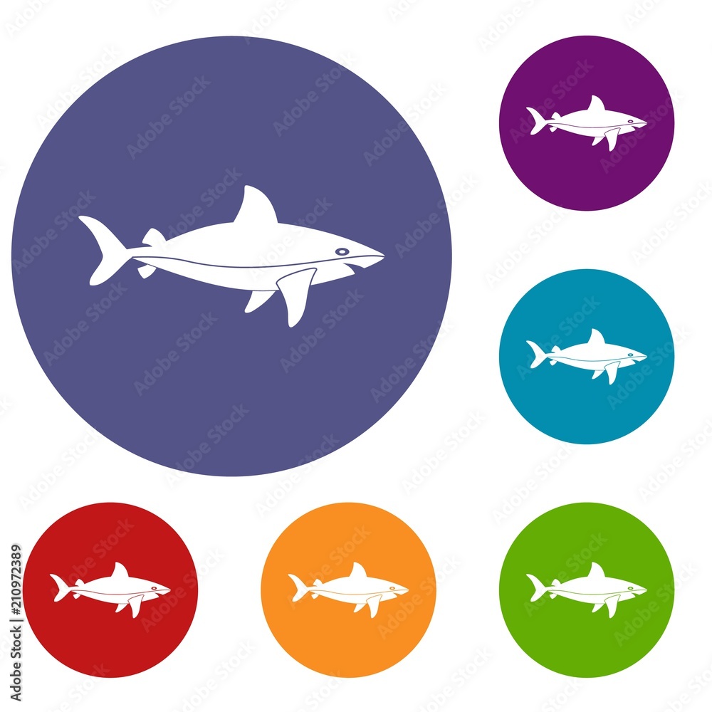 Shark fish icons set in flat circle red, blue and green color for web Shark fish icons set in flat circle red, blue and green color for web