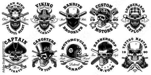 Set of vintage different skulls on white background.
