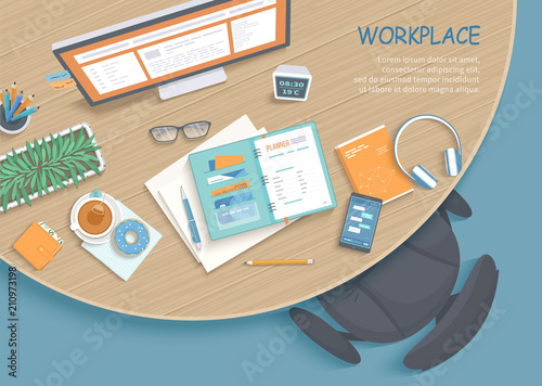 Top view of modern and stylish workplace. Round wooden table, armchair, office supplies, monitor, book, notebook, headphones, phone, glasses, pen, paper, tea, donut. Vector illustration