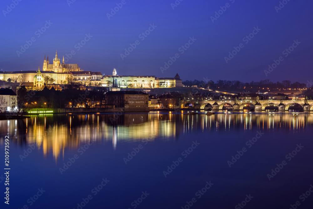 Prague Castle and Charles Bridge at night blue hour