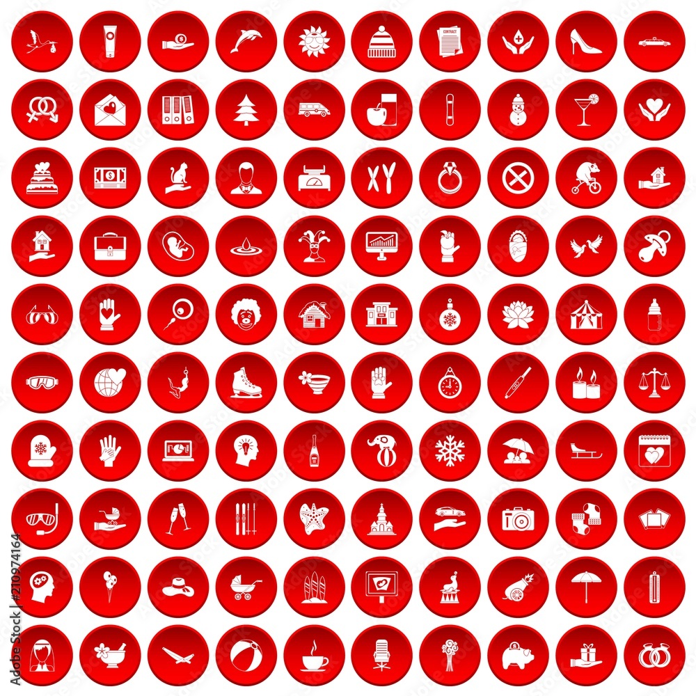 100 joy icons set in red circle isolated on white vector illustration 100 joy icons set in red circle isolated on white vector illustration