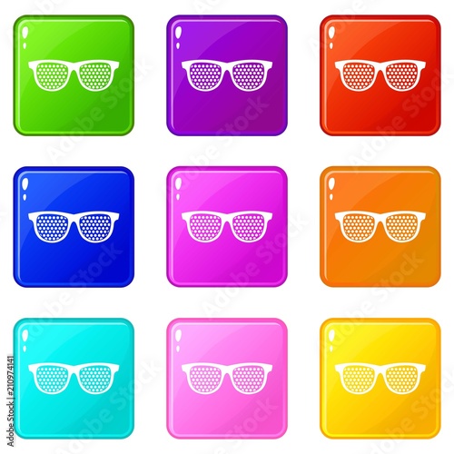 Black pinhole glasses icons of 9 color set isolated vector illustration