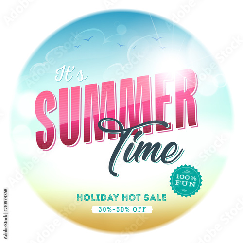 Summer Time Template Badge/
Illustration of a summer sale template badge with colorful elements, sand and sky background