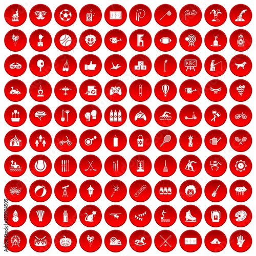 100 kids activity icons set in red circle isolated on white vector illustration