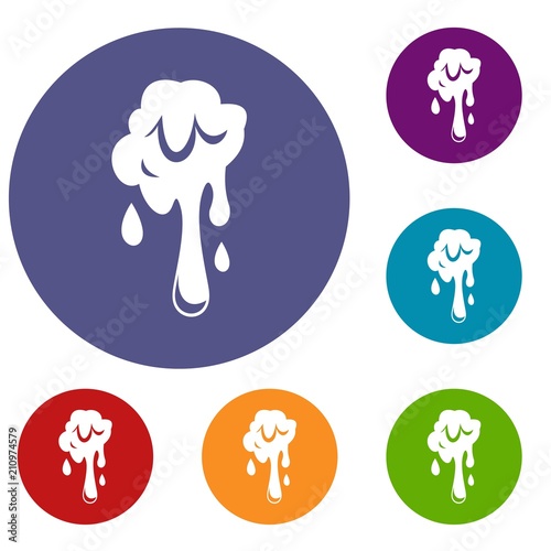 Dripping slime icons set in flat circle red, blue and green color for web