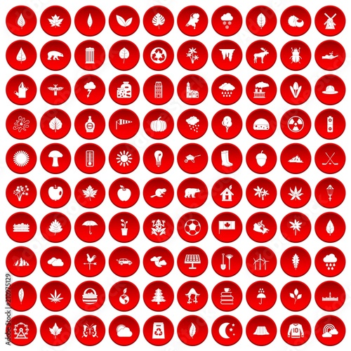 100 leaf icons set in red circle isolated on white vector illustration