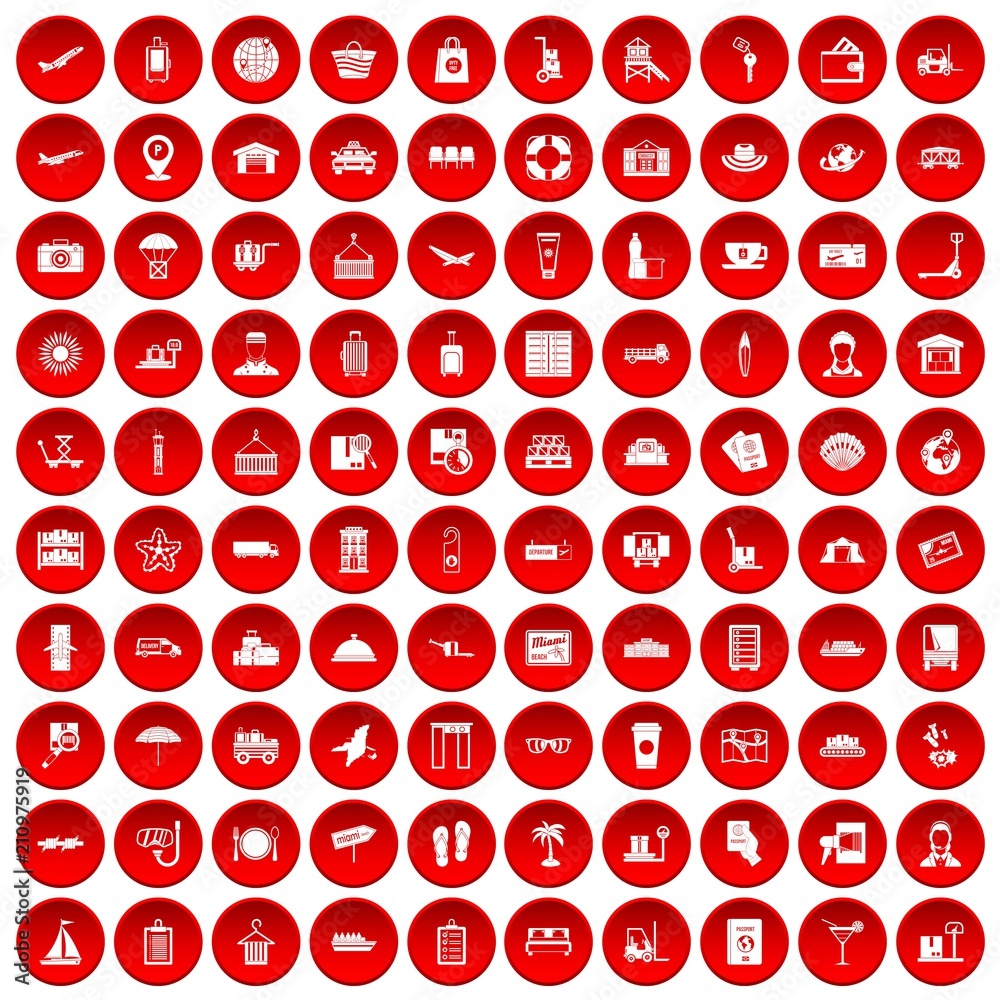 100 luggage icons set in red circle isolated on white vector illustration 100 luggage icons set in red circle isolated on white vector illustration