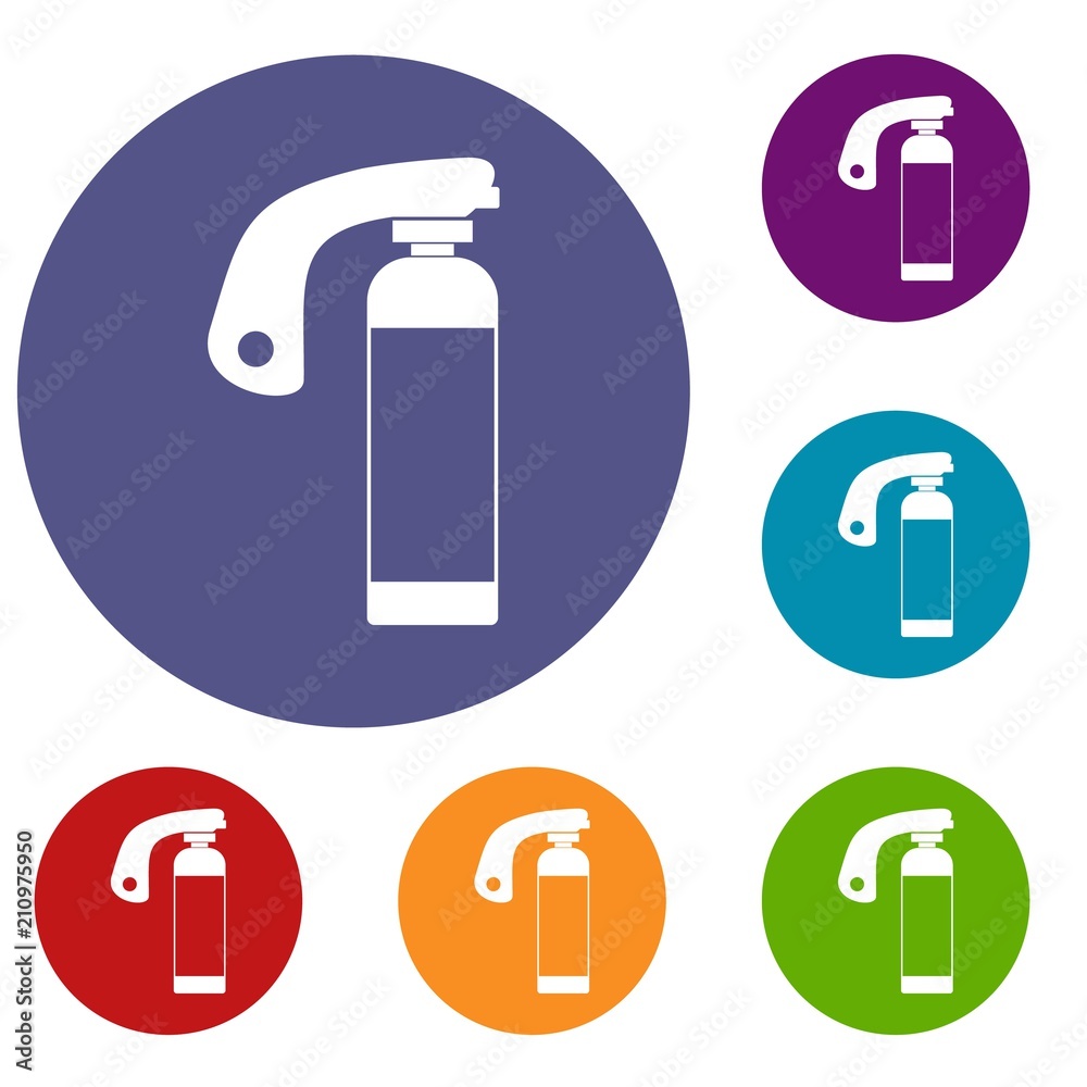 Fire extinguisher icons set in flat circle red, blue and green color for web