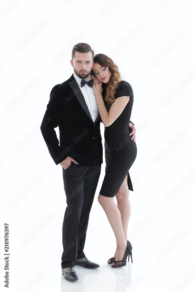 portrait of an elegant woman in a black dress hugging her lover portrait of an elegant woman in a black dress hugging her lover