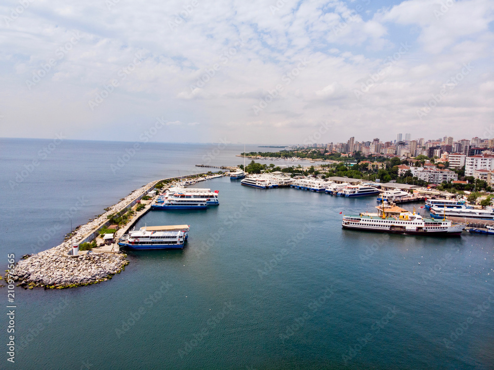 Aerial Drone View of Bostanci Sea Bus and Steamboat Ferry Pier / Istanbul Seaside