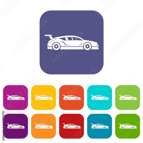 Rally racing car icons set vector illustration in flat style in colors red, blue, green, and other