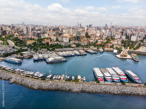 Aerial Drone View of Bostanci Sea Bus and Steamboat Ferry Pier / Istanbul Seaside