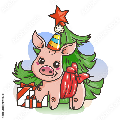 Happy New 2019 Year card with cartoon baby pig. Small symbol of holiday.