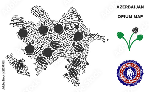Opium addiction Azerbaijan map composition of poppy heads and syringes. Concept for narcotic addiction campaign against heroin dependence.