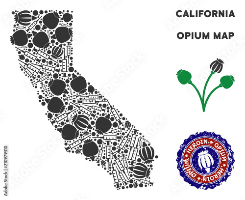 Opium addiction California map collage of poppy heads and syringes. Template for narcotic addiction campaign against heroin dependence.
