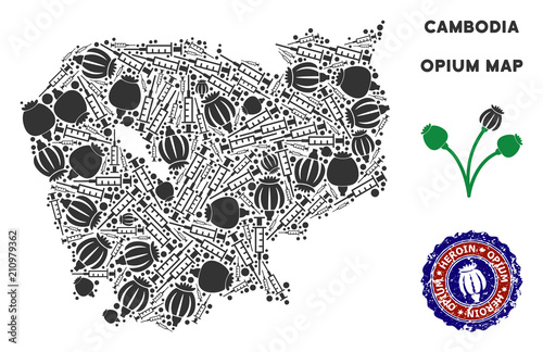 Opium addiction Cambodia map collage of poppy heads and syringes. Concept for narcotic addiction campaign against heroin dependence.