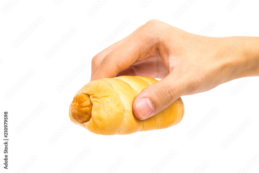 hand holding sausage bread roll isolated on white background hand holding sausage bread roll isolated on white background
