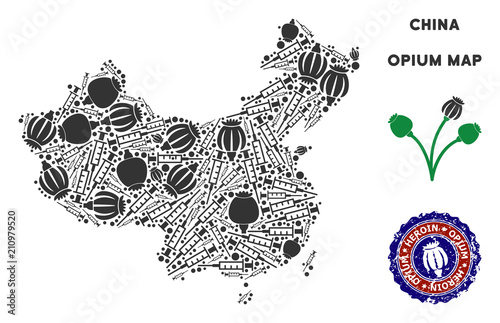 Opium addiction China map composition of poppy heads and syringes. Template for narcotic addiction campaign against heroin dependence.