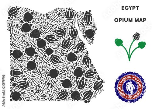 Opium addiction Egypt map collage of poppy heads and syringes. Concept for narcotic addiction campaign against heroin dependence. Vector Egypt map is made of opium poppyheads and injection needles.