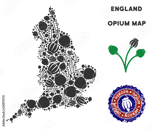 Opium addiction England map mosaic of poppy heads and syringes. Template for narcotic addiction campaign against heroin dependence.