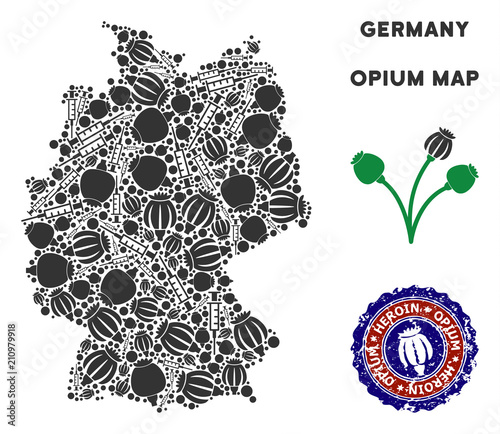 Opium addiction Germany map composition of poppy heads and syringes. Concept for narcotic addiction campaign against heroin dependence.