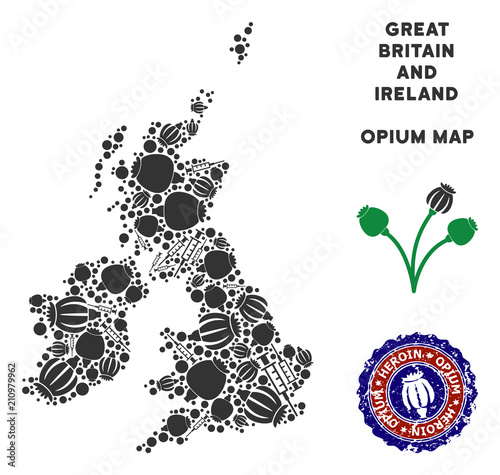 Opium addiction Great Britain and Ireland map mosaic of poppy heads and syringes. Template for narcotic addiction campaign against heroin dependence.