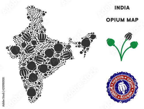 Opium addiction India map mosaic of poppy heads and syringes. Template for narcotic addiction campaign against heroin dependence. Vector India map is done of opium poppyheads and injection needles.