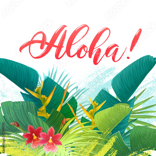 Summer tropical sale design with exotic palm leaves and red flowers. Jungle vector floral template.