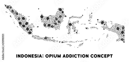 Opium addiction Indonesia map mosaic of poppy heads and syringes. Template for narcotic addiction campaign against heroin dependence.