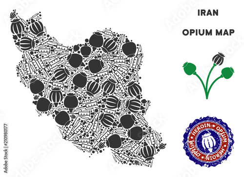 Opium addiction Iran map mosaic of poppy heads and syringes. Concept for narcotic addiction campaign against heroin dependence. Vector Iran map is organized of opium poppyheads and injection needles.