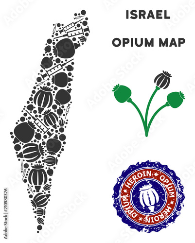 Opium addiction Israel map composition of poppy heads and syringes. Concept for narcotic addiction campaign against heroin dependence.